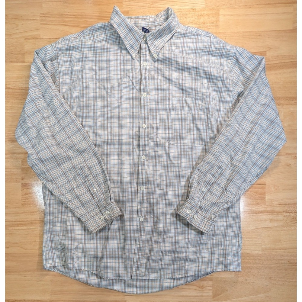 Structure Mens XL Plaid Button Down Shirt Blue Orange Cotton Long Sleeve Vintage